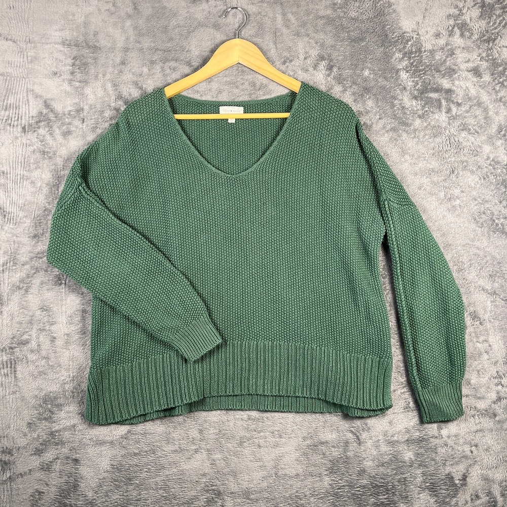 Lucky Brand Sweater Womens Large Green Textured Plunge V Neck Chunky Knit Ribbed